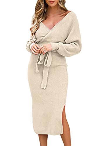 Viottiset Women's V Neck Long Batwing Sleeve Wrap Midi Knit Sweater Dress Elegant Backless with Belt Slit Super Soft an