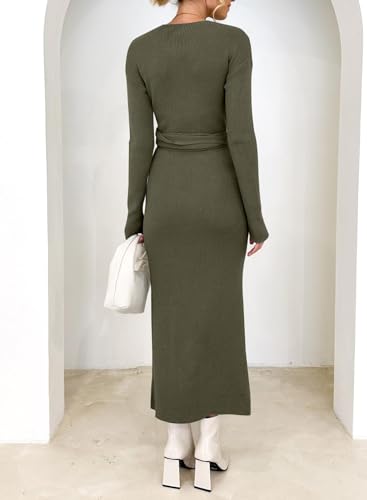 Happy Sailed Women's Long Sleeve Wrap V Neck Tie Waist Ribbed Sweater Dress Spring Fashion Ribbed Knit Dress