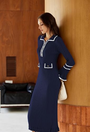 Pink Queen Women's V Neck Maxi Pencil Dress Half Button Slim Fitted Ruffle Ribbed Knit Long Sleeve