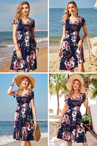 OUGES Women's Summer Short Sleeve V-Neck Floral Short Party Dress with Pockets for Special Occasions
| OUGES Women's Su