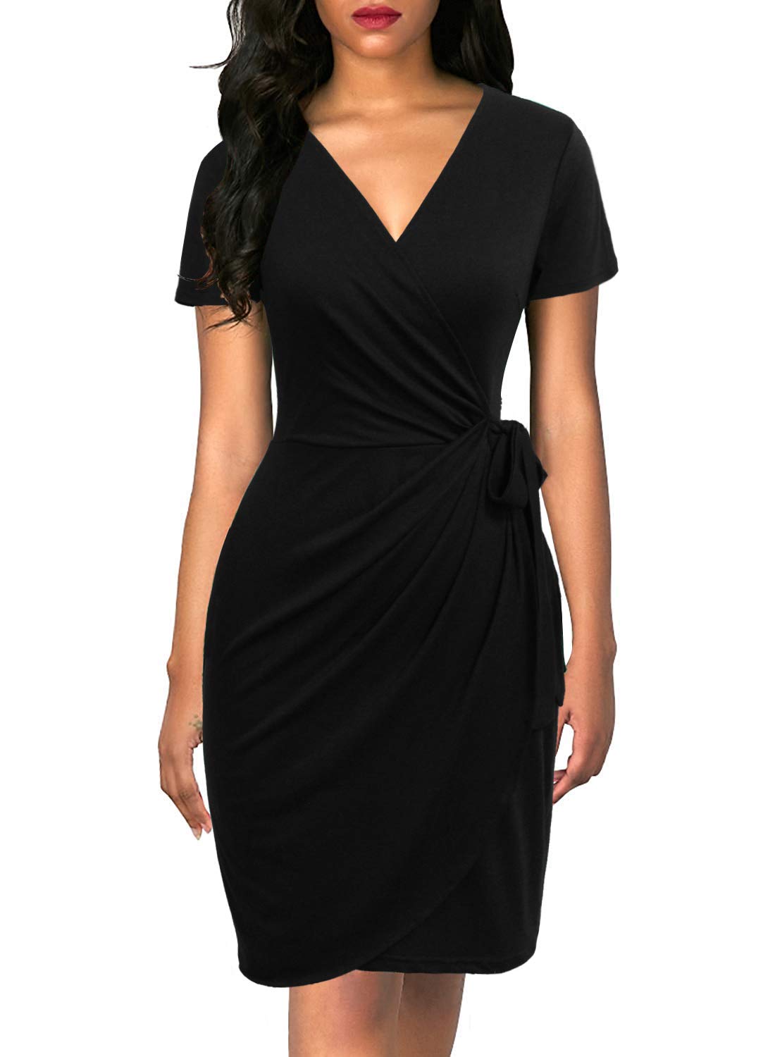 Lyrur Women's Classic V-Neck Casual Party Knee Length Sheath Work Short Sleeve Faux Black Wrap Dress for Evening Outing