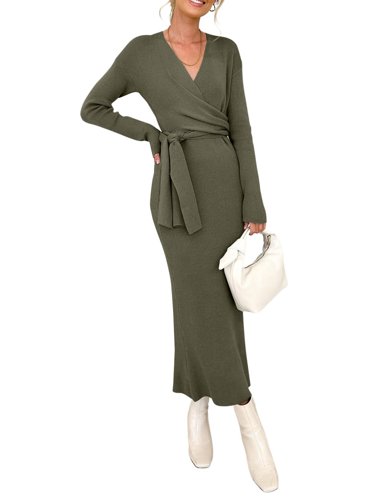 Happy Sailed Women's Long Sleeve Wrap V Neck Tie Waist Ribbed Sweater Dress Spring Fashion Ribbed Knit Dress
