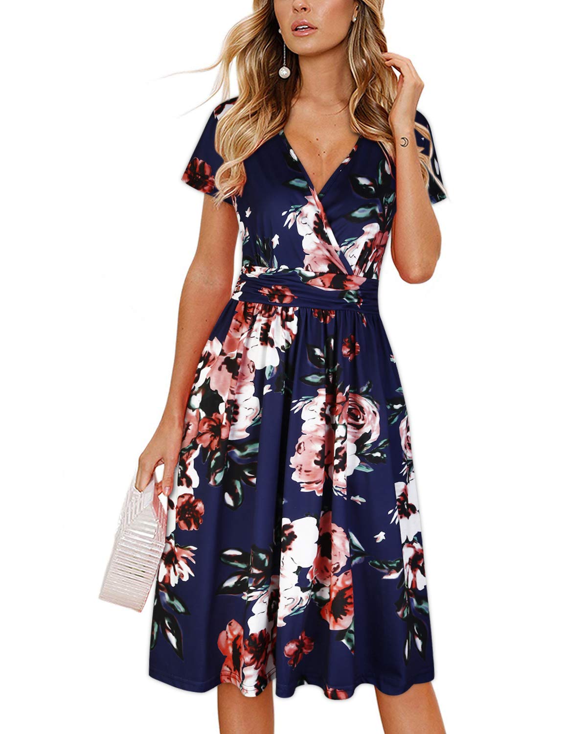 OUGES Women's Summer Short Sleeve V-Neck Floral Short Party Dress with Pockets for Special Occasions
| OUGES Women's Su