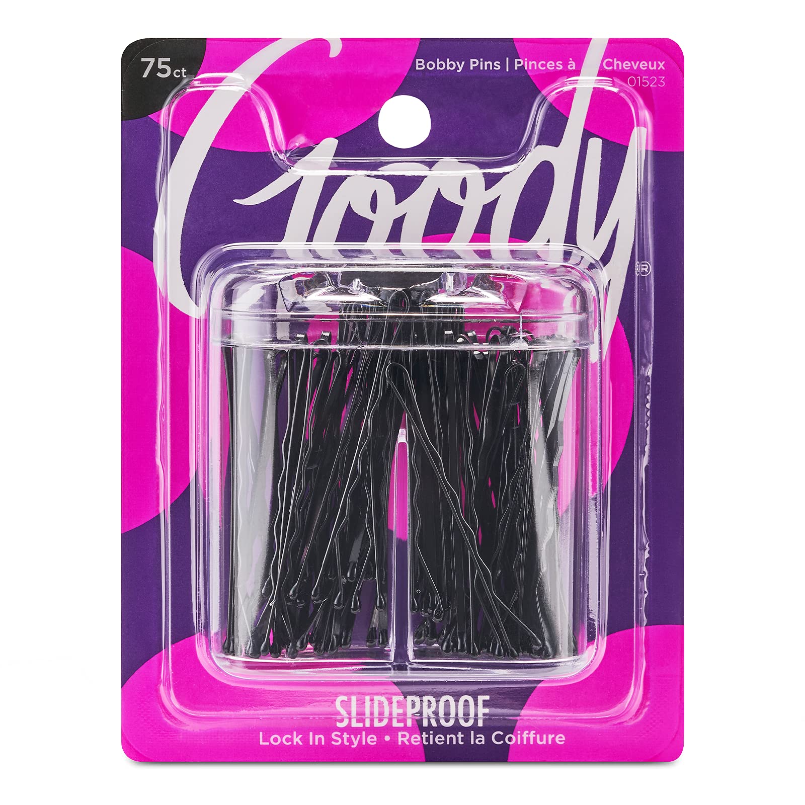 GOODY SlideProof Bobby Pin Box with Magnetic Top - Black Pins for Women & Men, Lock In Style, Comfortable Hair Styling A